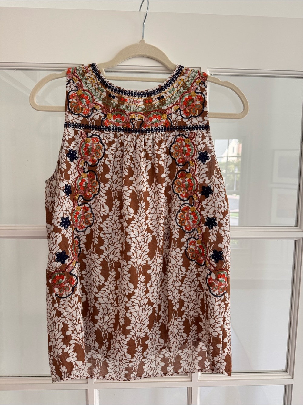 THML Brown & White Floral Print Embroidered Top